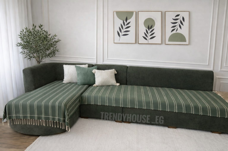 مفرش ركنه زيتي مقلم 